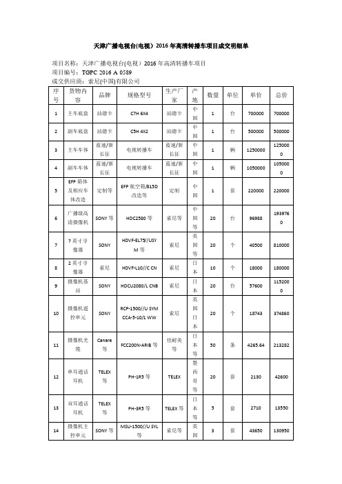 天津广播电视台电视高清转播车项目成交明细单项目名称