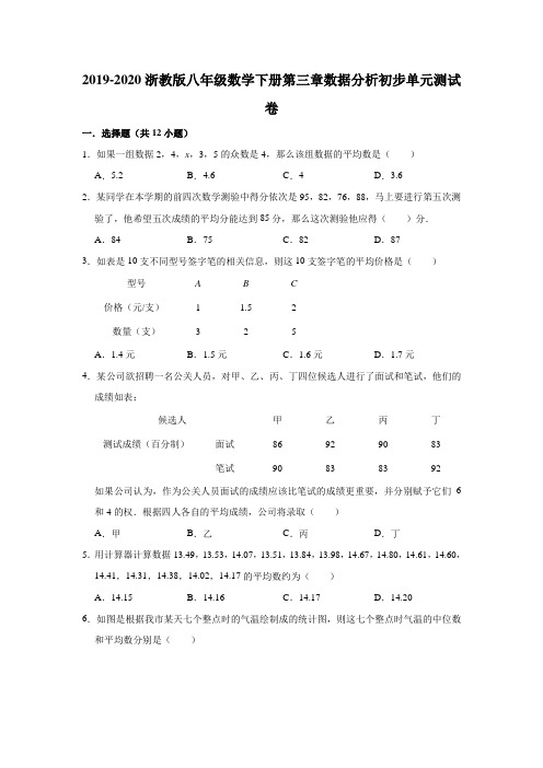 2019-2020浙教版八年级数学下册第三章数据分析初步单元测试卷含解析