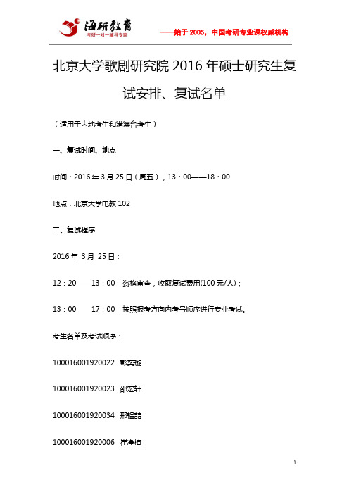 北京大学歌剧研究院2016年硕士研究生复试安排、复试名单