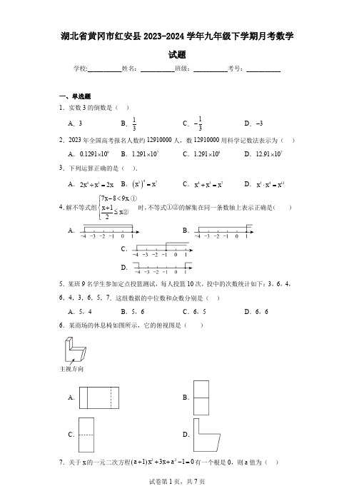 湖北省黄冈市红安县2023-2024学年九年级下学期月考数学试题