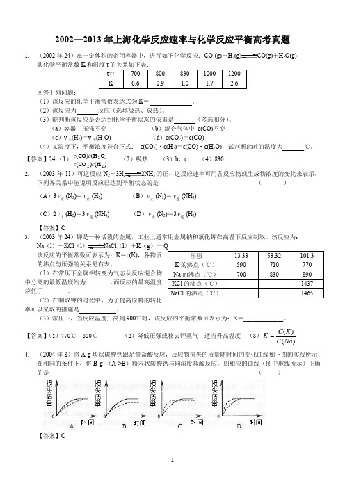 2002-2013年上海高考化学反应速率与平衡真题(附答案)