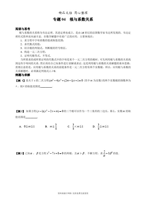 初中数学九年级专题复习专题04  根与系数关系