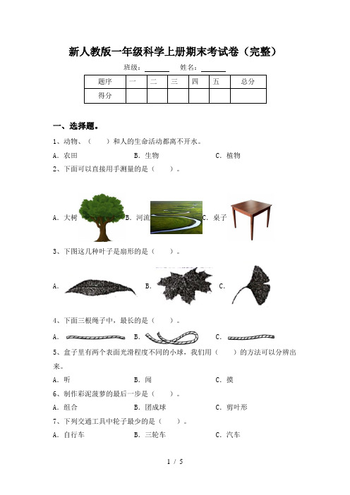 新人教版一年级科学上册期末考试卷(完整)