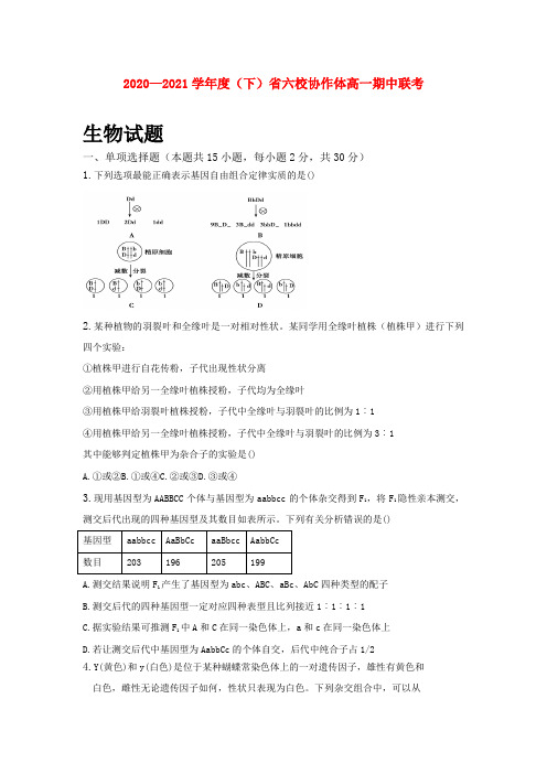 辽宁省六校2020-2021学年高一下学期期中联考生物试题及答案