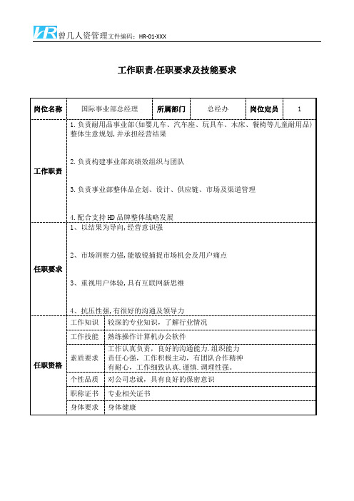 国际事业部总经理工作职责和任职要求模板