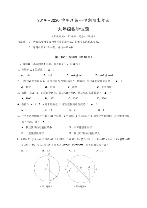 江苏省泰州市姜堰区2020届九年级上学期期末考试数学试题