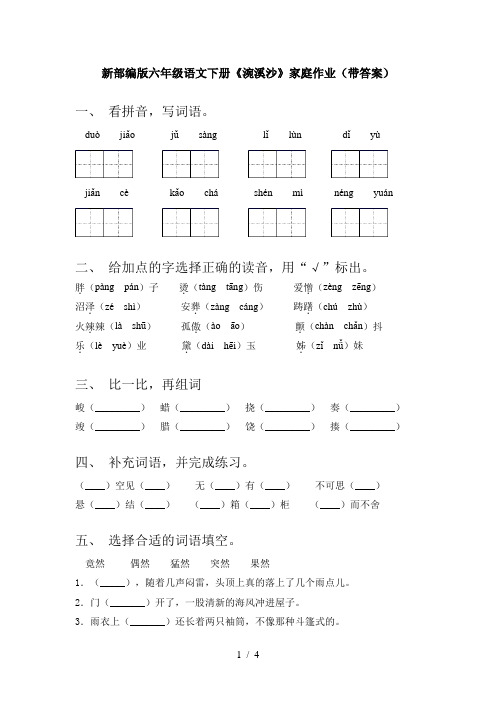 新部编版六年级语文下册《涴溪沙》家庭作业(带答案)