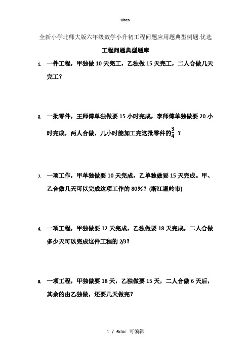 小学北师大版六年级数学小升初工程问题应用题典型例题甄选