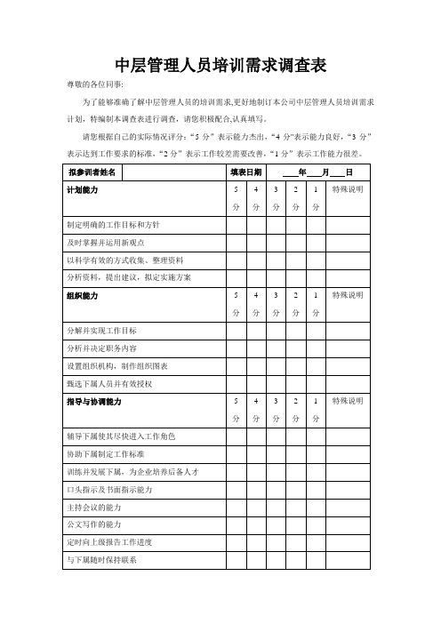 中层管理人员培训需求调查表