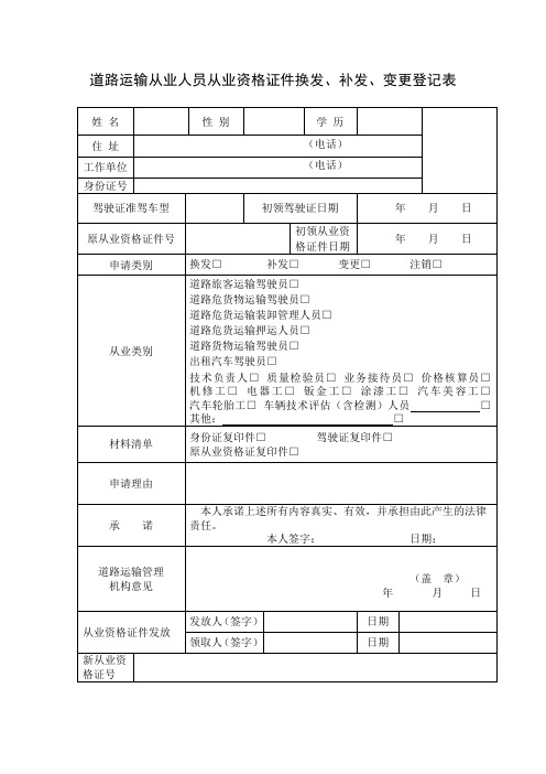 从业资格证换发、补发、变更登记表