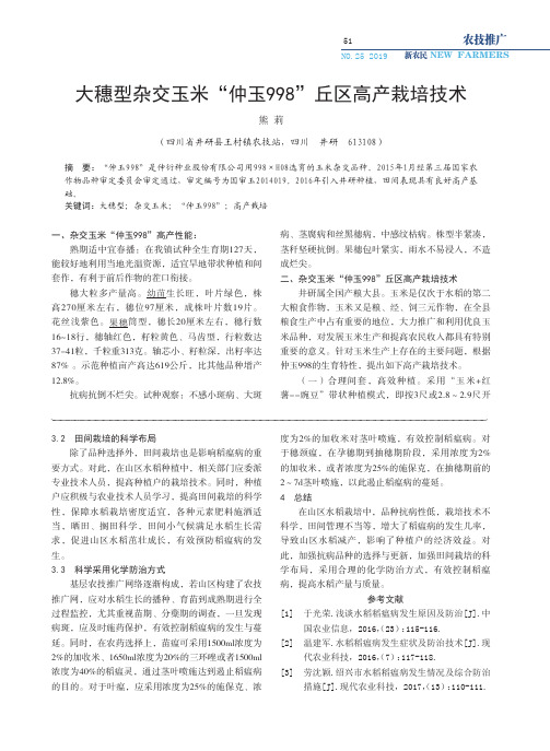 大穗型杂交玉米“仲玉998”丘区高产栽培技术