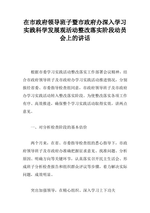 在市政府领导班子暨市政府办深入学习实践科学发展观活动整改落实阶段动员会上的讲话