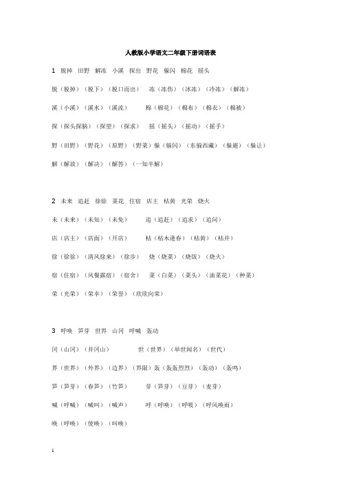 人教版小学语文二年级下册词语表