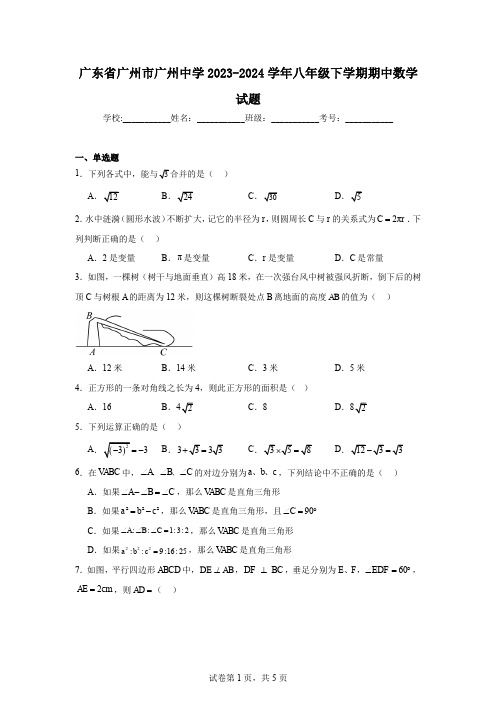 广东省广州市广州中学2023-2024学年八年级下学期期中数学试题