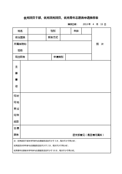 优秀团员干部、优秀团秀团员、优秀青年志愿者申请推荐表 2