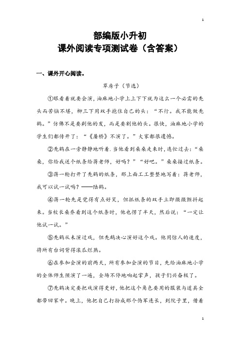 统编人教小学语文六年级下册语文小升初语文课外阅读专项测试卷(二)(含答案)