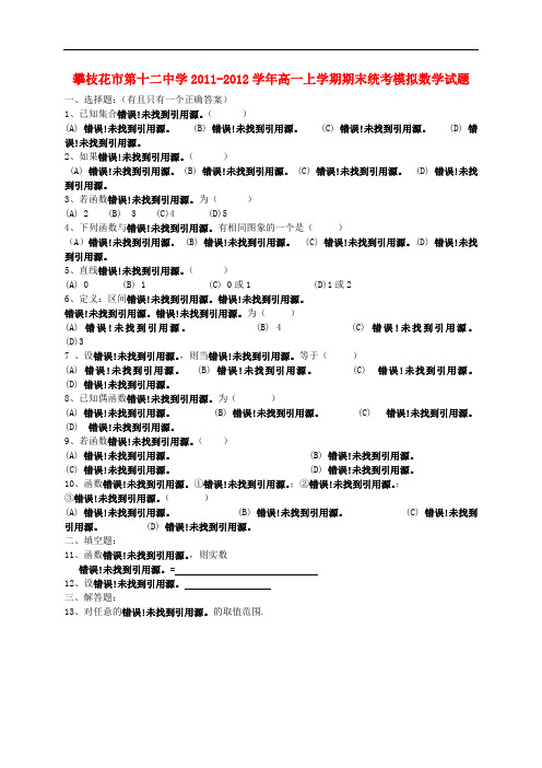 四川省攀枝花市高一数学上学期期末统考模拟试题(无答