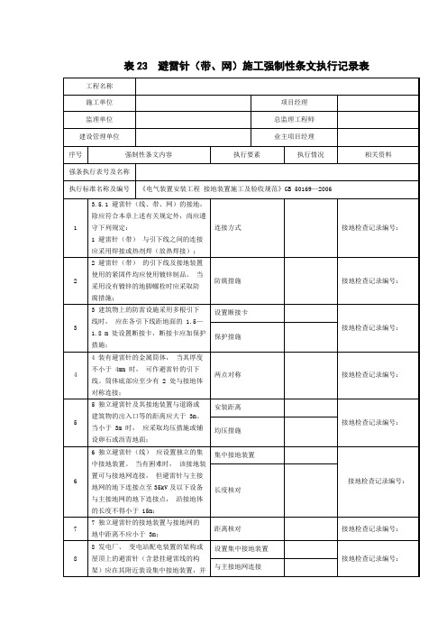 Q／GDW 10248-2016《输变电电气强条5》 表23  避雷针(带、网)施工强制性条文执行记录表