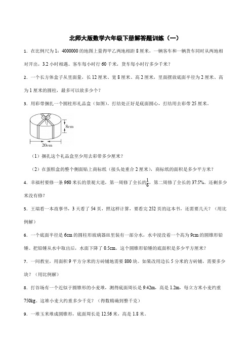 北师大版数学六年级下册解答题训练(一)