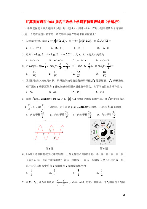 江苏省南通市2021届高三数学上学期初调研试题含解析