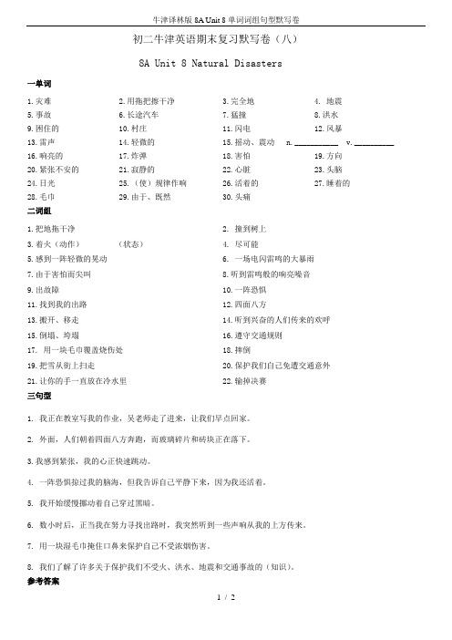 牛津译林版8A Unit 8单词词组句型默写卷