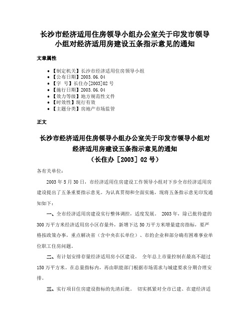 长沙市经济适用住房领导小组办公室关于印发市领导小组对经济适用房建设五条指示意见的通知