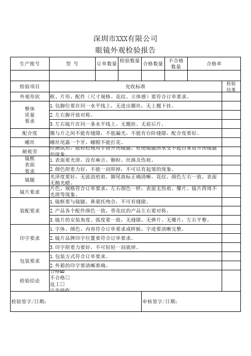 眼镜产品外观检验报告