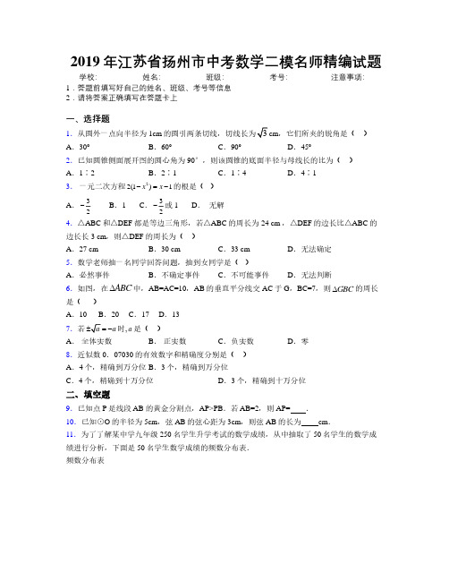 2019年江苏省扬州市中考数学二模名师精编试题附解析