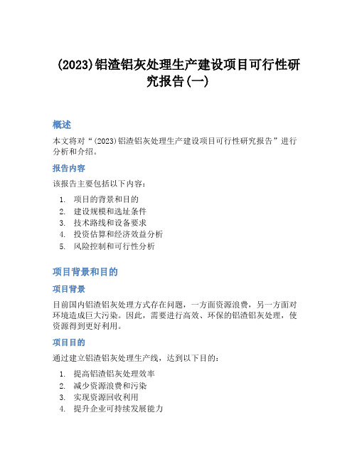 (2023)铝渣铝灰处理生产建设项目可行性研究报告(一)