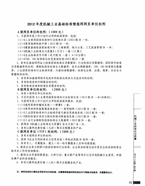 2012年度机械工业基础标准情报网网员单位权利