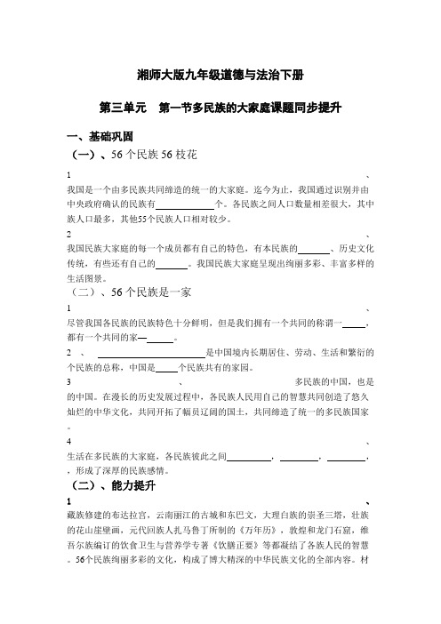 湘教版九年级道德与法治下册第三单元第一节多民族的大家庭  同步提升(有答案)