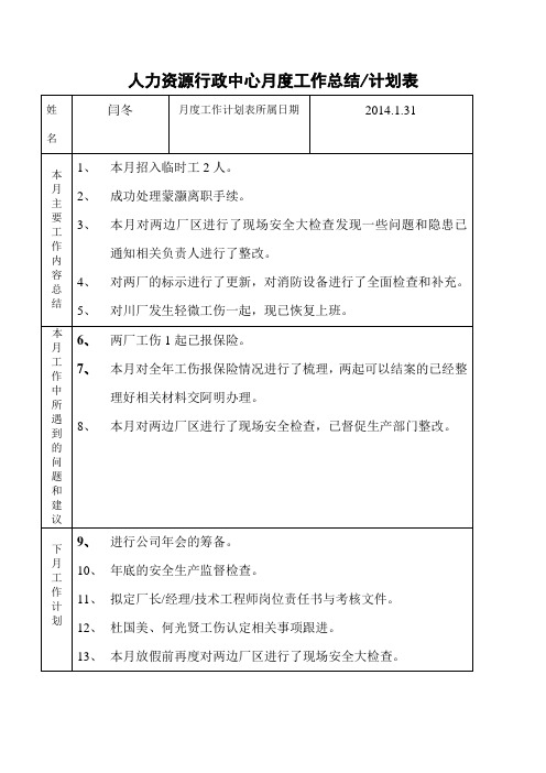 人事行政经理月度工作总结下月计划