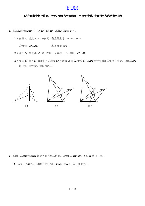 苏科版 八年级数学上册期中培优 ：全等、等腰与勾股定理综合：手拉手模型、半角模型与鸡爪模型应用