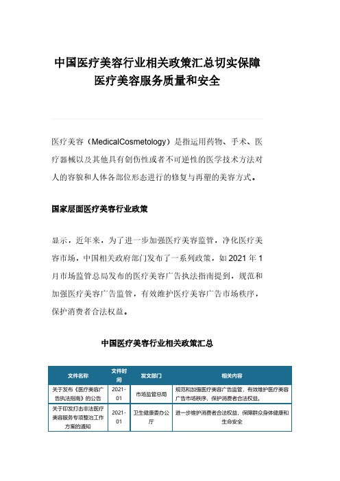 中国医疗美容行业相关政策汇总切实保障医疗美容服务质量和安全