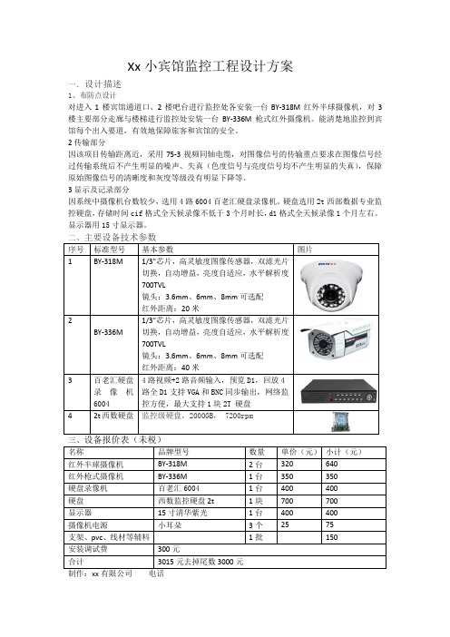 xx小宾馆监控工程设计方案及报价单