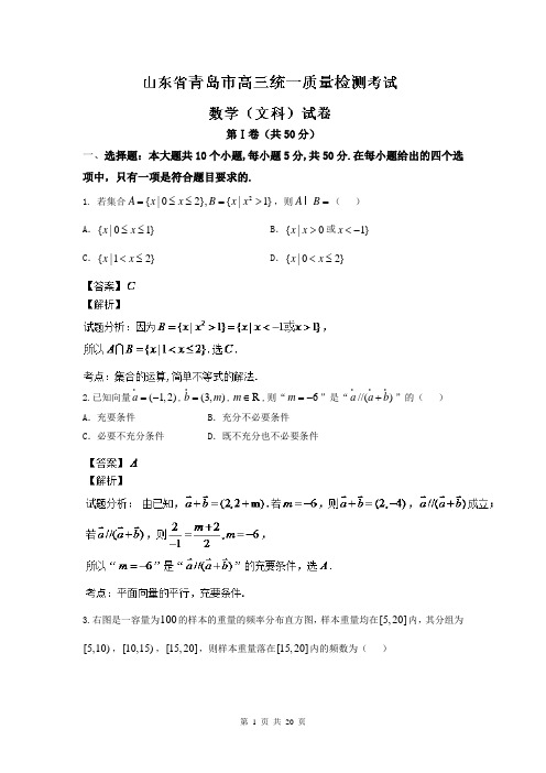 【解析版】【2014青岛市一模】山东省青岛市2014届高三3月统一质量检测 数学(文) Word版含解析