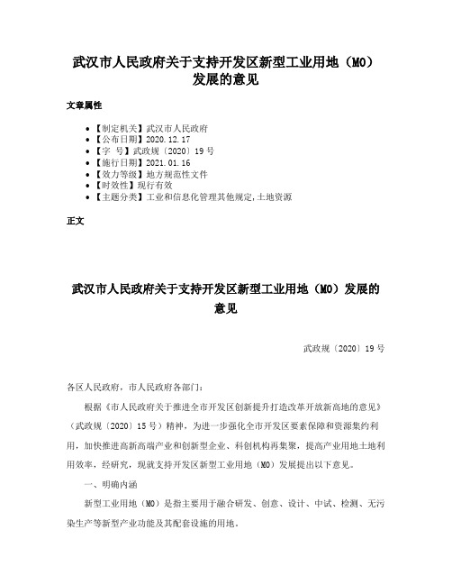 武汉市人民政府关于支持开发区新型工业用地（M0）发展的意见