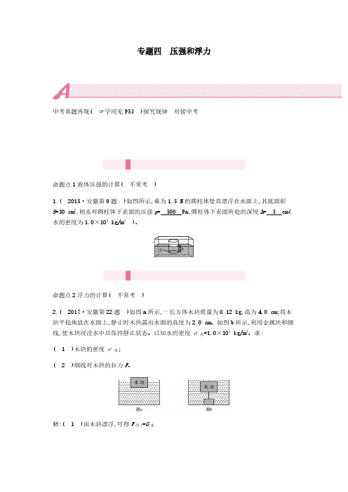 安徽省2020年中考物理总复习模块四力学专题四压强和浮力【含答案】