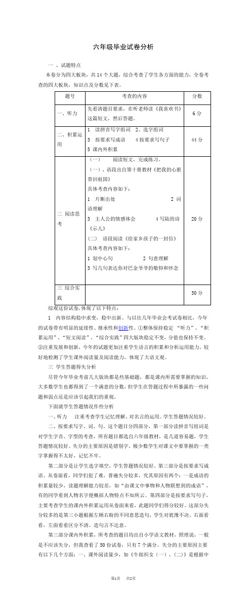 小学六年级语文毕业班考试试卷分析