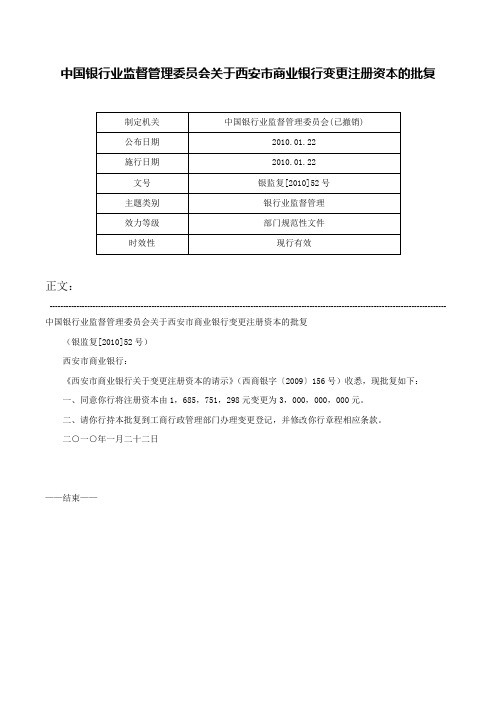 中国银行业监督管理委员会关于西安市商业银行变更注册资本的批复-银监复[2010]52号