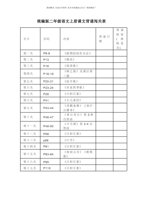 统编版语文2上背诵课文内容及闯关表