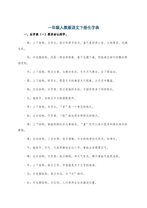 一年级人教版语文下册生字表