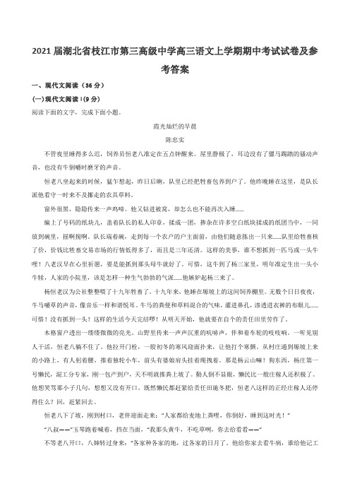 2021届湖北省枝江市第三高级中学高三语文上学期期中考试试卷及参考答案