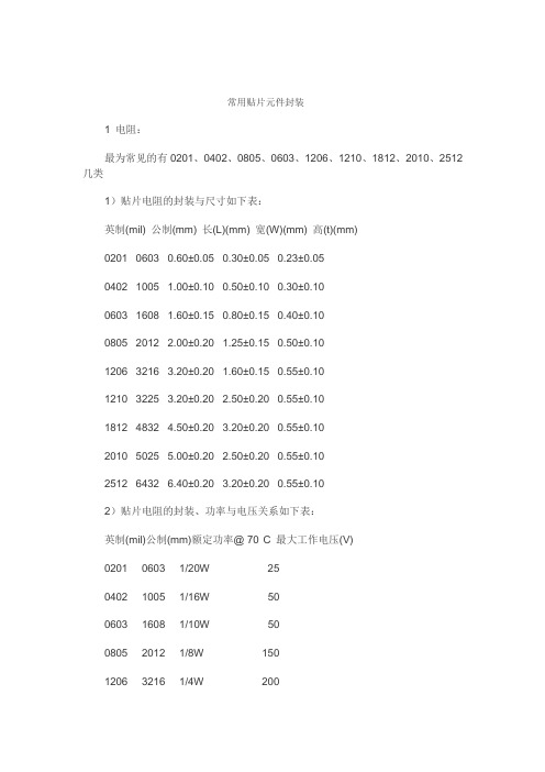 常用贴片元件封装尺寸