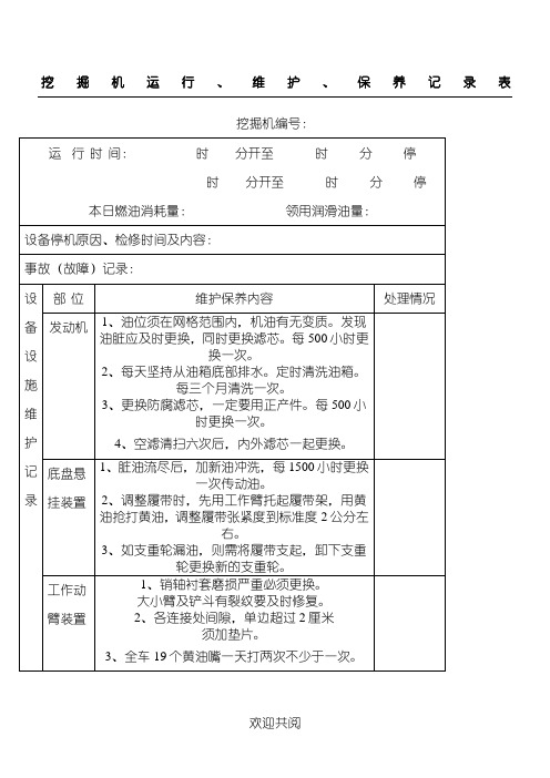挖掘机运行记录表格模板