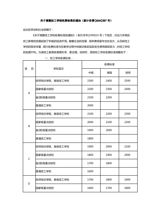 关于调整技工学校收费标准的通知(新计价费[2004]557号)