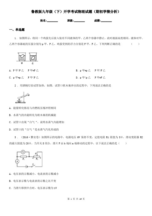 鲁教版九年级(下)开学考试物理试题(期初学情分析)