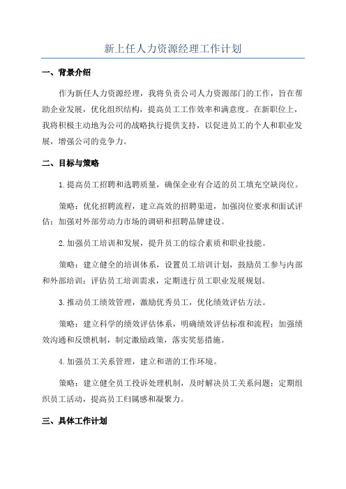 新上任人力资源经理工作计划