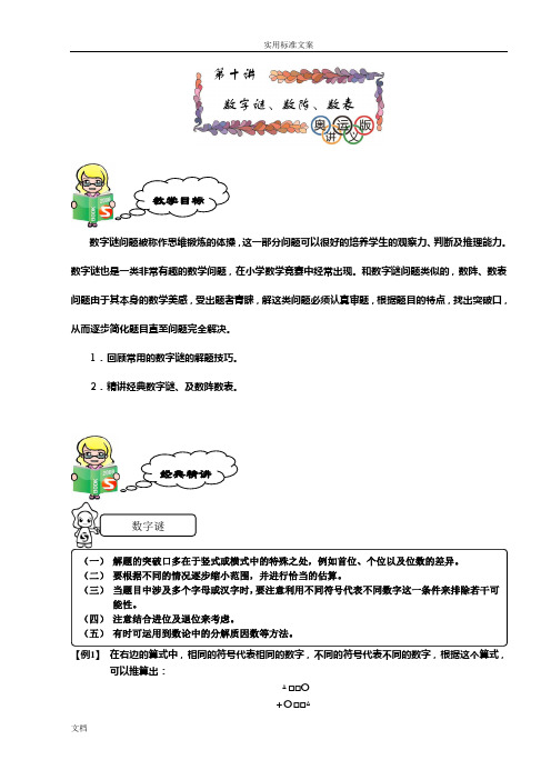 奥数精品讲义第10讲数字谜、数阵、数表--深圳清华实验学校佘珊珊