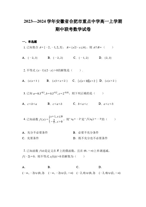 2023—2024学年安徽省合肥市重点中学高一上学期期中联考数学试卷